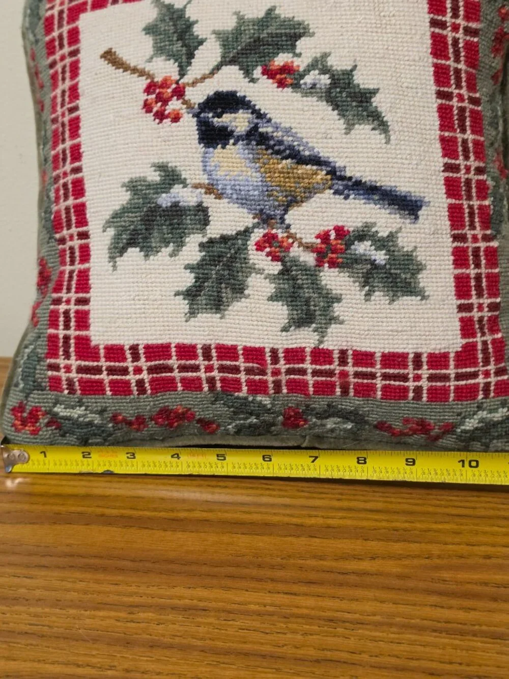 Chickadee Bird Needlepoint Throw Pillow Holly Berries Red Plaid Velvet Zipper